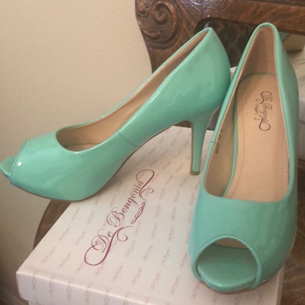 New mint colored patent leather peep toe shoes!